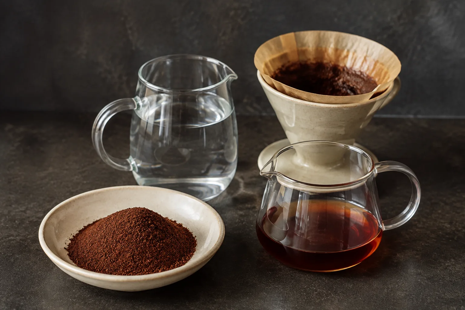 Dry coffee, clean brewing water, collected coffee and wet filter grounds are shown as separate quantities.