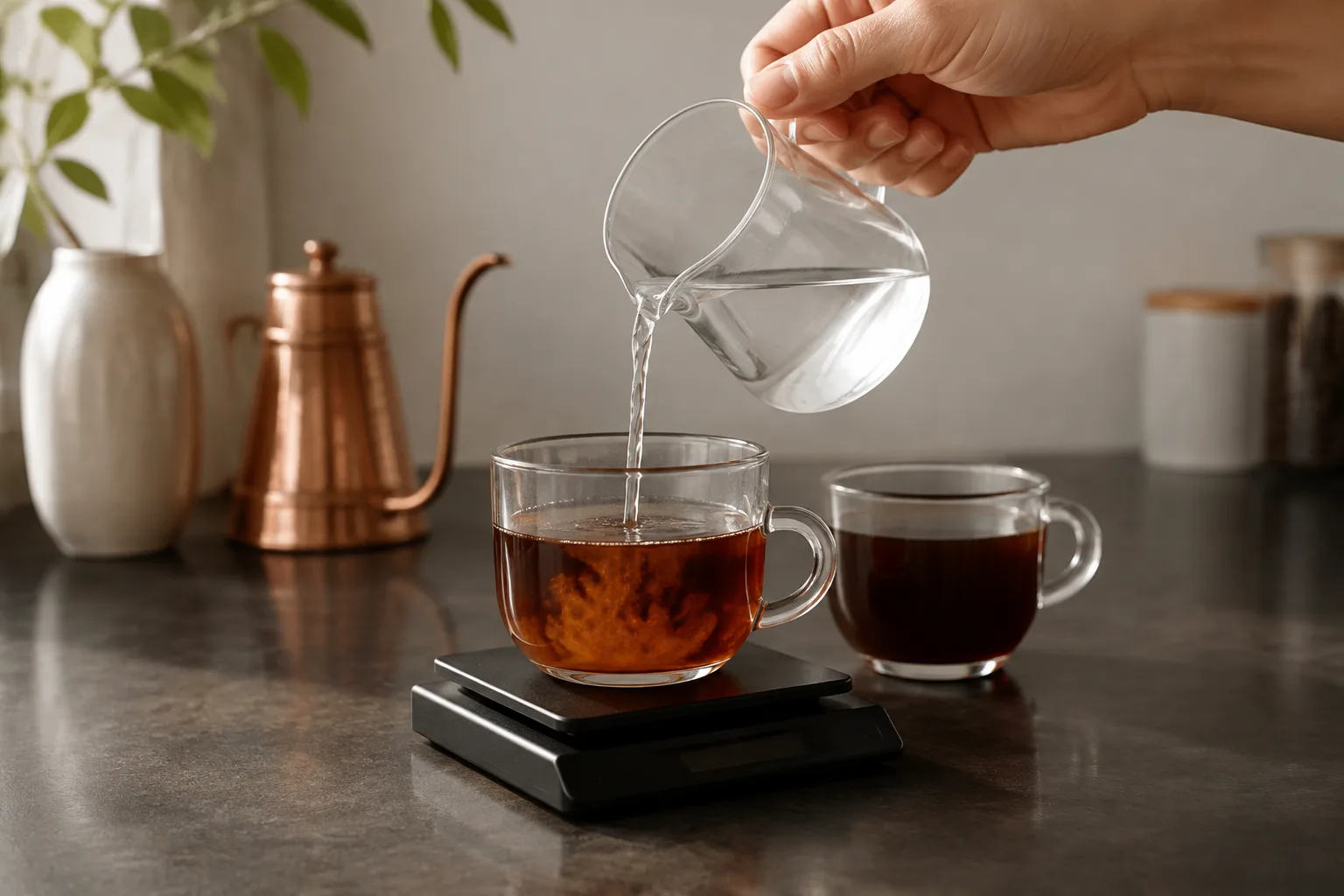 Clear water is added to black coffee on a scale, with an unchanged coffee alongside for comparison.