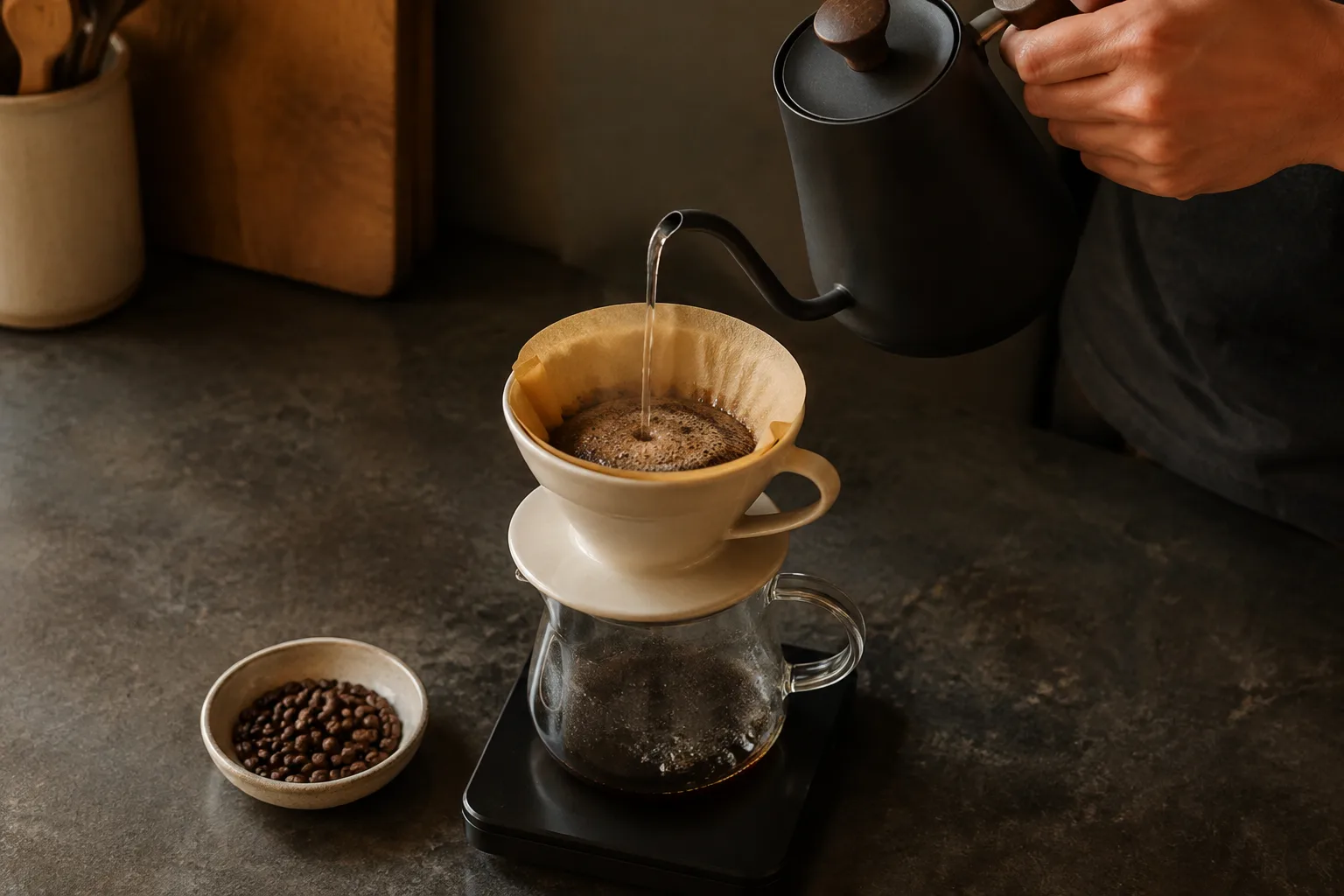 A hand pours water into a paper-lined coffee dripper and glass server on a scale beside a bowl of beans.