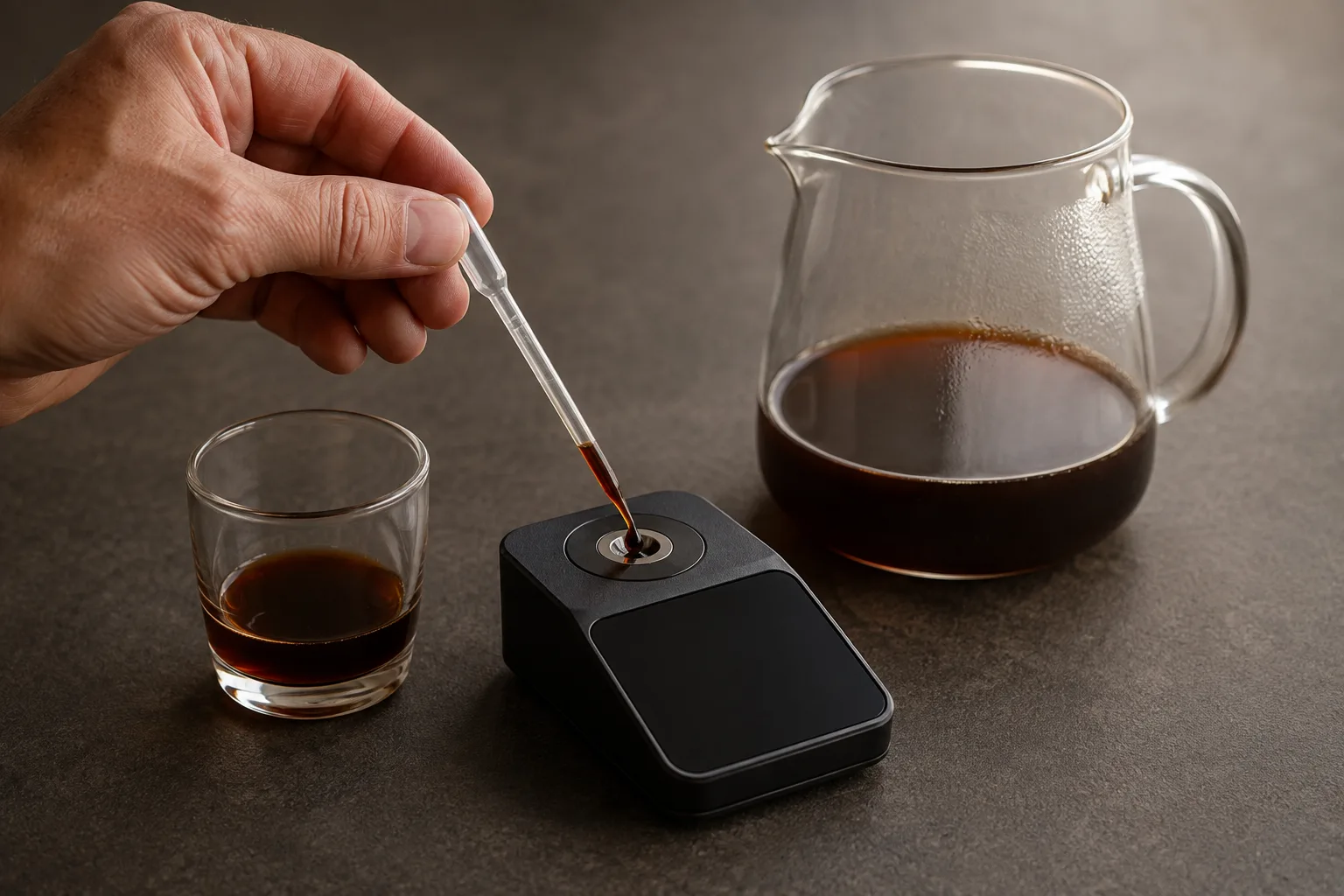 A hand places a drop of cooled coffee into a refractometer sample well beside the collected brew.