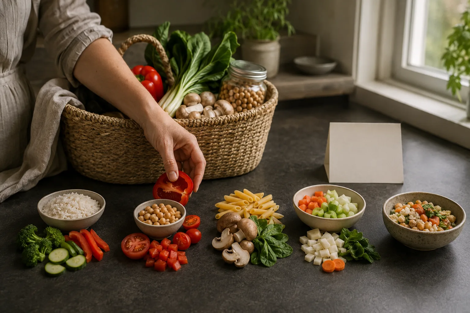 A hand assigns a pepper from a grocery basket to five different dinner ingredient groupings.