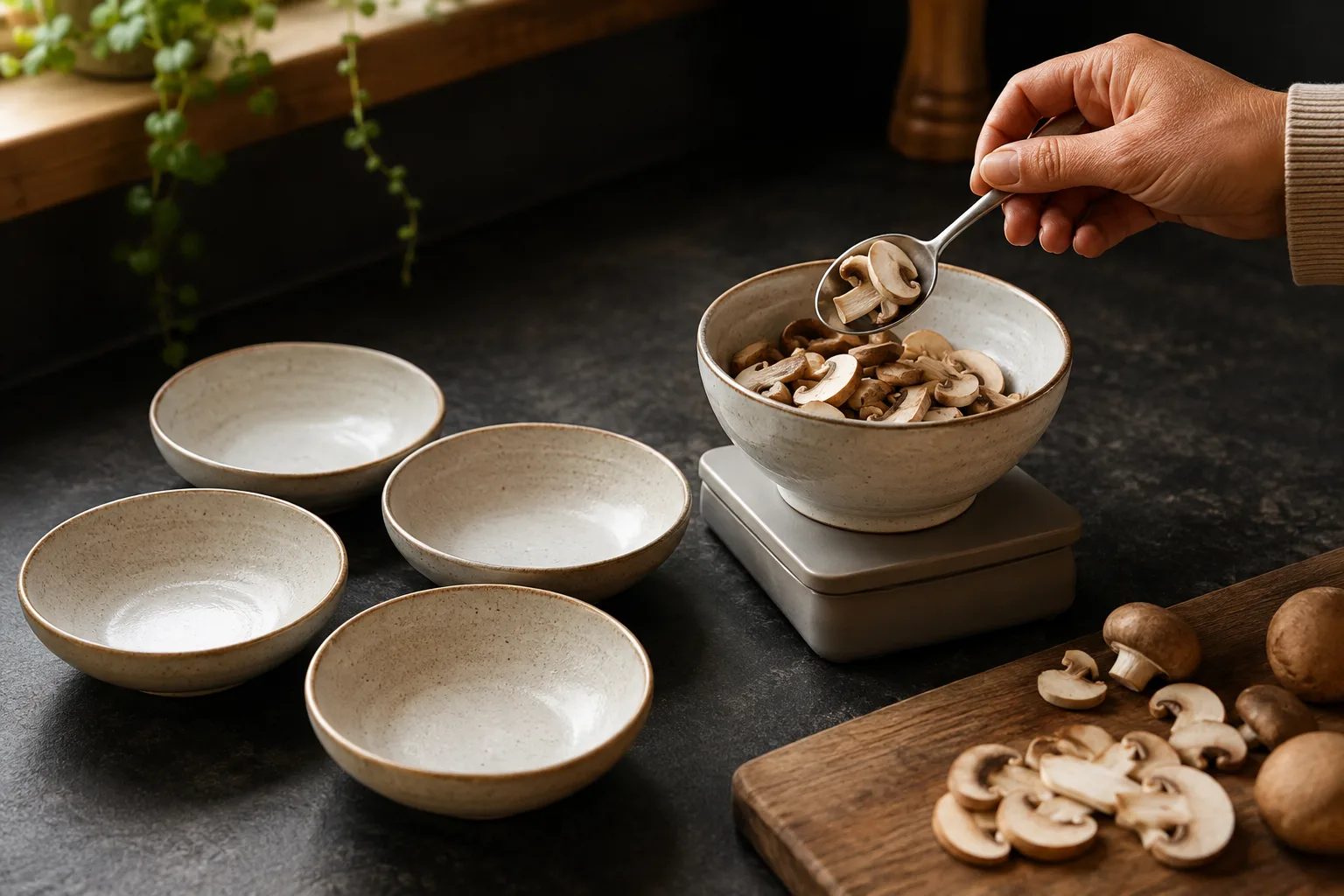 A cook weighs mushrooms beside four serving bowls.