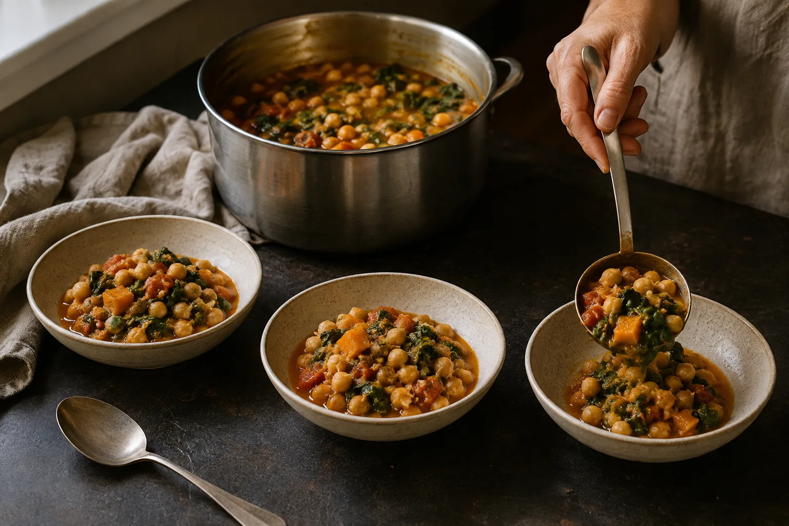 Stew from one saucepan is divided between individual serving bowls.