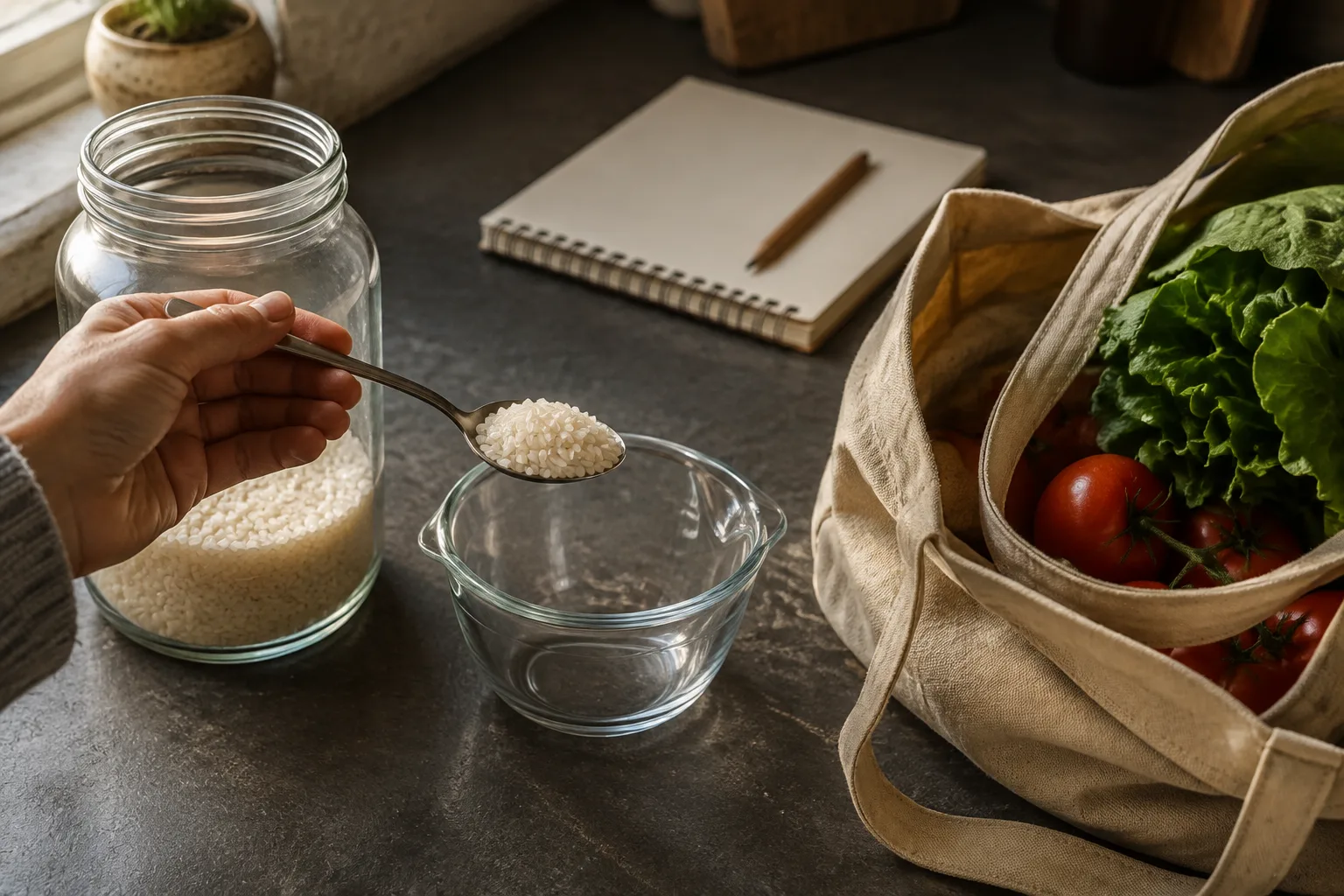 Rice already in the pantry is measured beside a grocery bag and a blank shopping notebook.