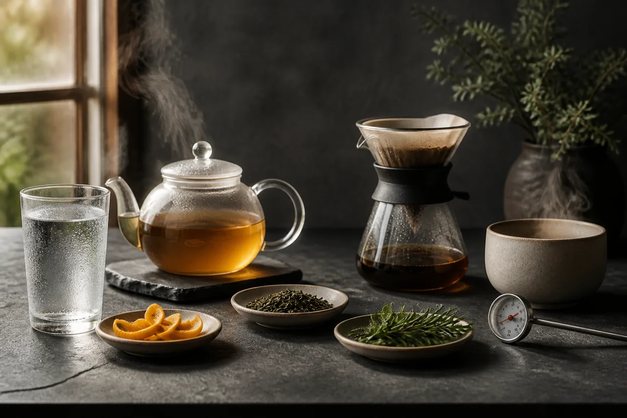Water, tea and filter coffee with citrus peel, herbs and a thermometer on a charcoal drinks bench.