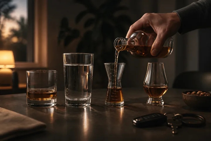 An amber drink is measured beside water while car keys remain out of reach.