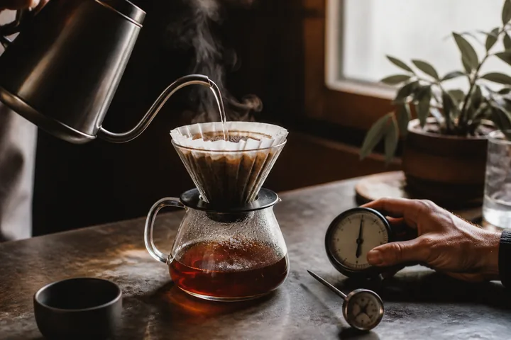 A precise pour-over brew is timed and checked for temperature.