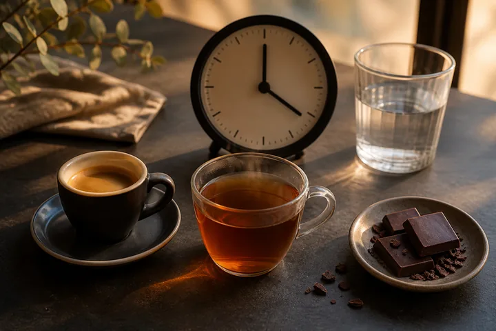 Coffee, tea and cacao sit beside a clock and water glass.