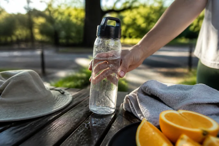 A hand reaches for chilled water after activity beside a towel and sun hat.