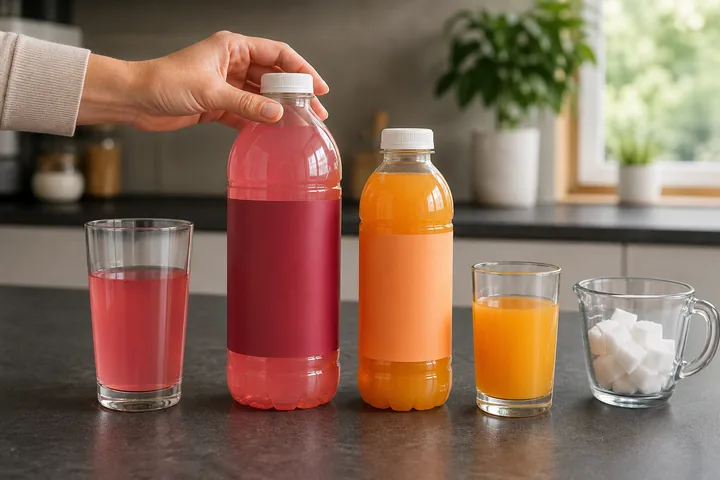 Two unbranded drinks, serving glasses and sugar cubes are compared side by side.