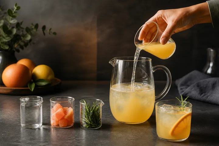Measured water, citrus and herbs are combined into a clear pitcher.