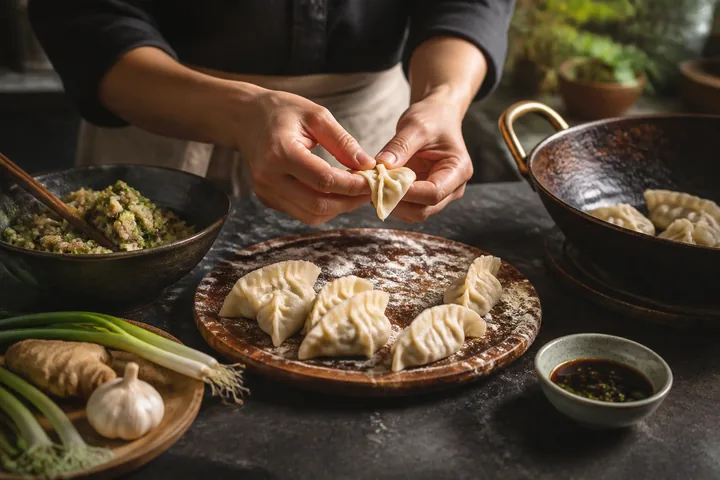 Hands fold dumplings beside aromatics, a seasoned pan and a tasting bowl.
