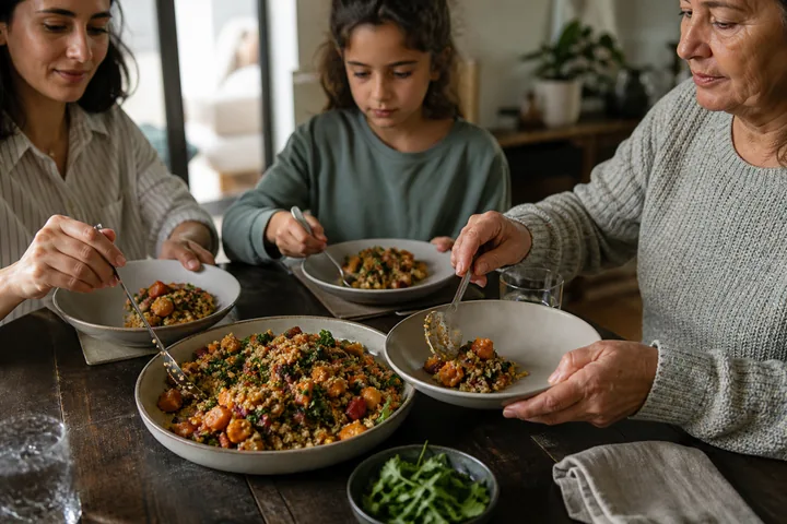 Three generations share one colourful meal in portions suited to each person.