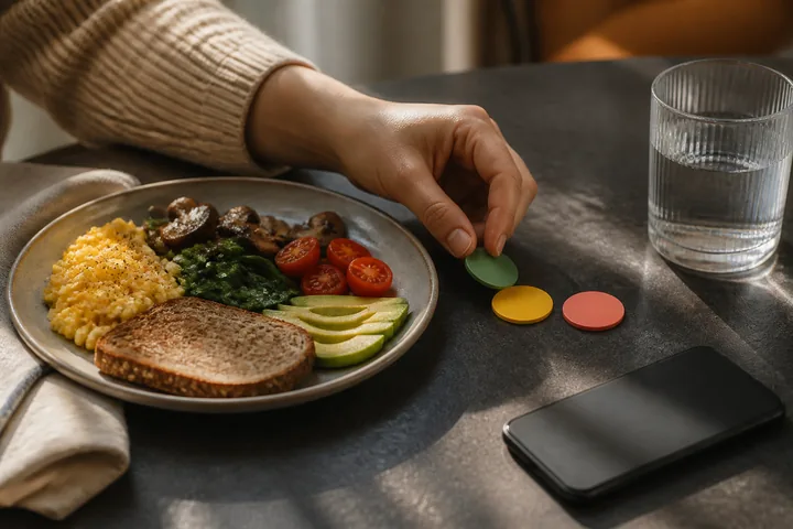 A hand places a coloured marker beside breakfast, water and a closed phone.