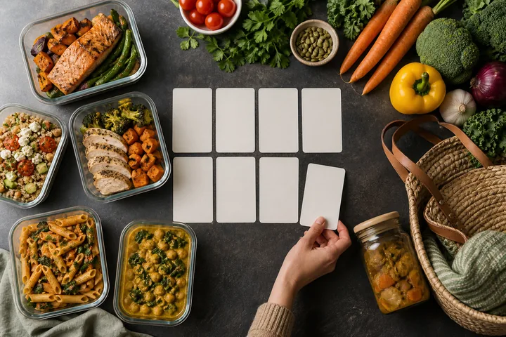 Prepared meals, fresh groceries, blank planning cards and leftovers form one weekly plan.