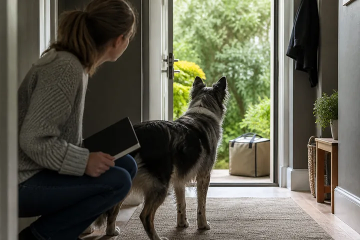 An owner observes a dog responding to a delivery at the doorway.