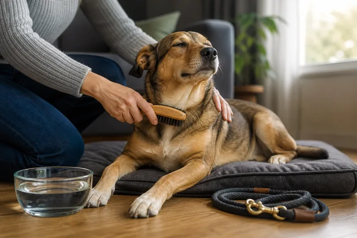 A relaxed dog is gently brushed beside water, bedding and a walking lead.