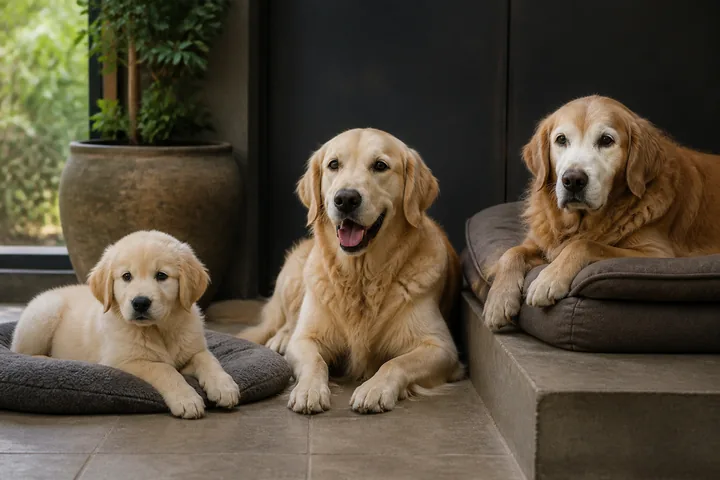 A puppy, adult and grey-muzzled senior dog rest on age-suited surfaces.