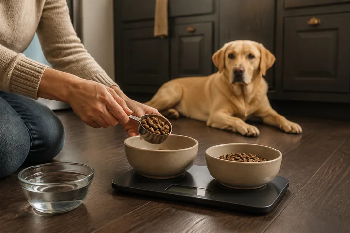 A measured food portion is prepared while a dog waits calmly.
