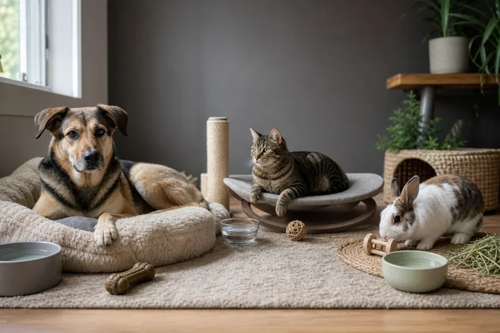 A dog, cat and rabbit rest in separate species-appropriate spaces.