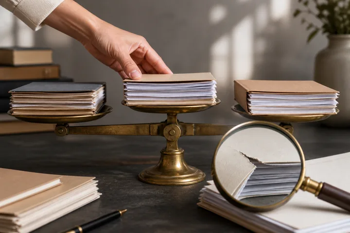 Research folders are weighed while a damaged paper edge is inspected.