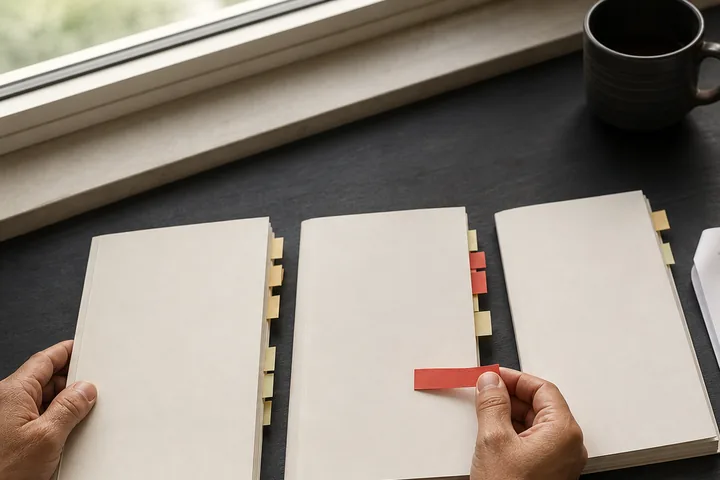 A hand moves a correction marker across three manuscript versions.