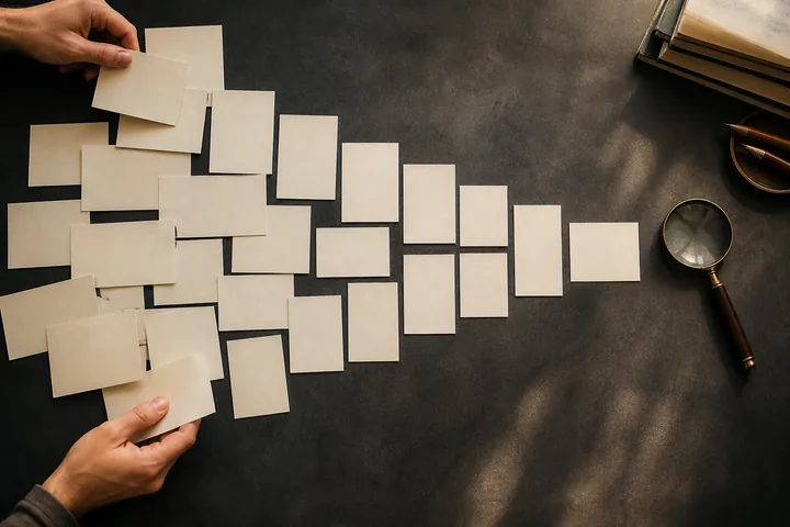 Many blank idea cards narrow into one answerable focus.