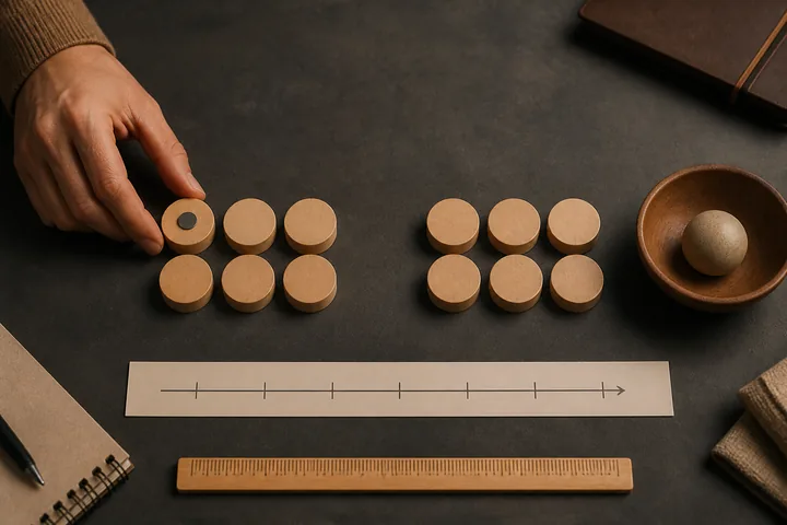 Matched wooden groups, a timeline and one outcome object form a study plan.