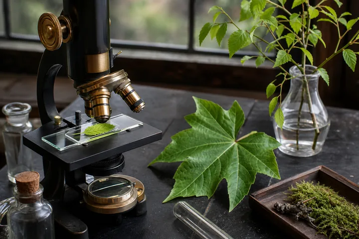 A microscope links a leaf specimen to a larger living plant.