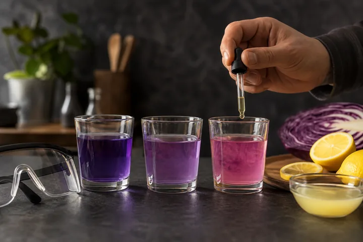 A safe cabbage indicator changes colour as lemon solution is added.
