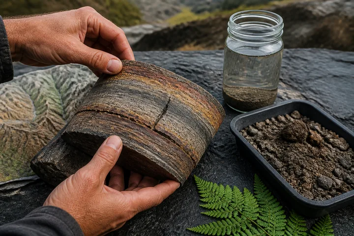 Hands examine layered rock beside soil, sediment water and a fern.