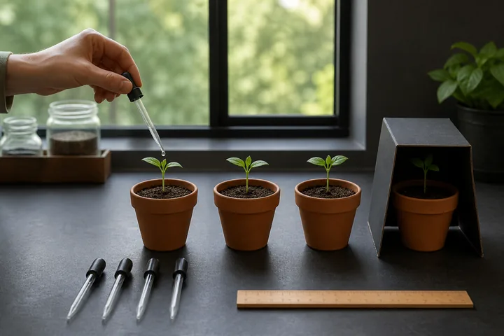 Four matched seedlings receive controlled treatment while one condition changes.