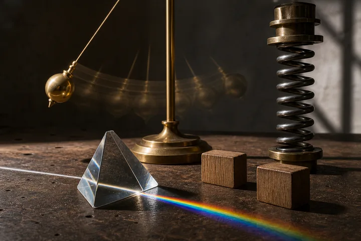 A moving pendulum, compressed spring, wooden blocks and prism show physical effects.