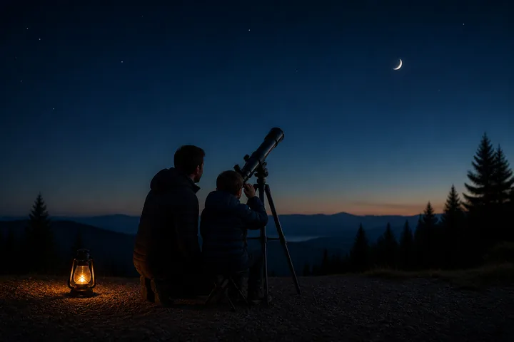 An adult and child observe a crescent moon through a telescope at dusk.