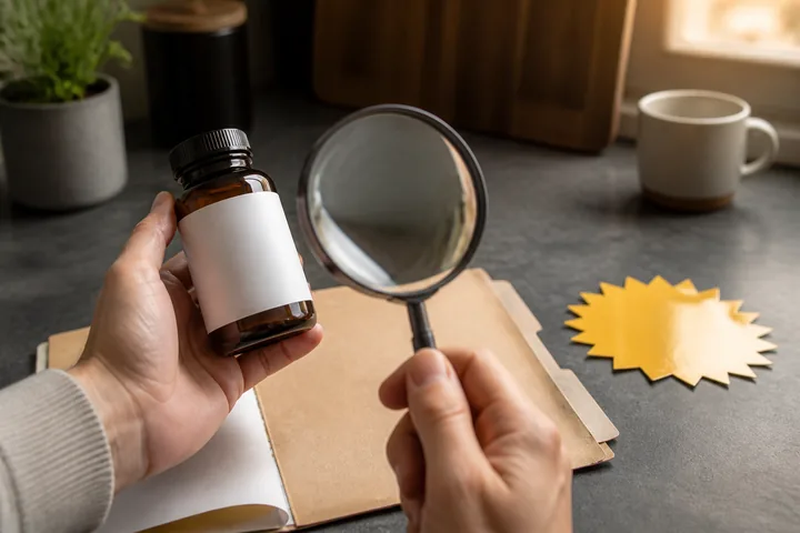 A blank supplement label is inspected while a promotional burst is set aside.