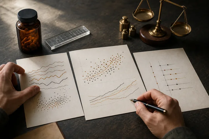 Abstract study charts, a supplement jar and a brass balance support comparison.