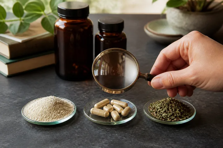 A magnifying lens compares supplement powder, capsules and dried botanicals.