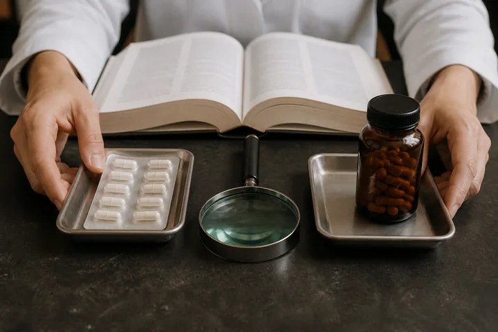 Medicine and supplements remain in separate trays beside a reference book and lens.