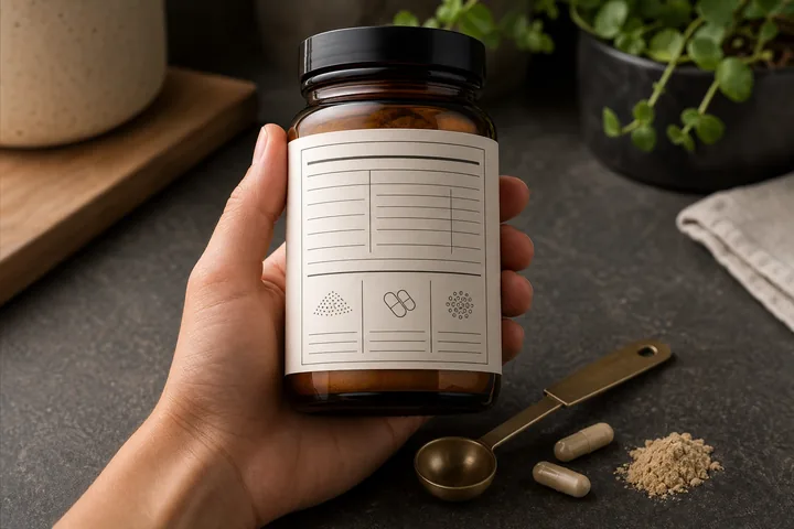 A structured blank label, measuring spoon, capsules and powder show serving details.