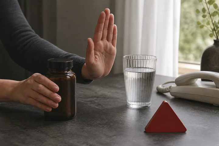A hand stops an unlabeled supplement beside water, a phone and a warning marker.