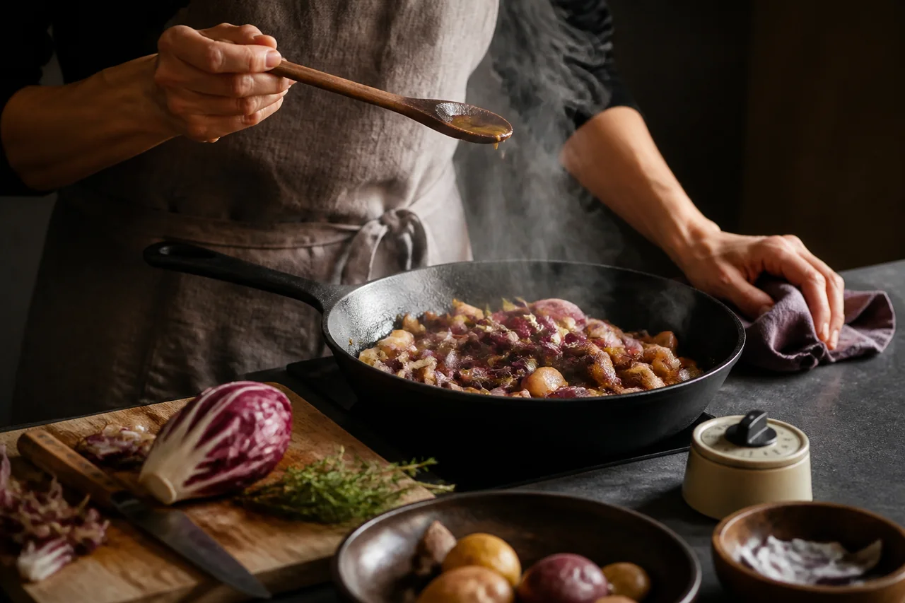A cook tastes steaming vegetables in a cast-iron pan beside a timer and prepared ingredients.