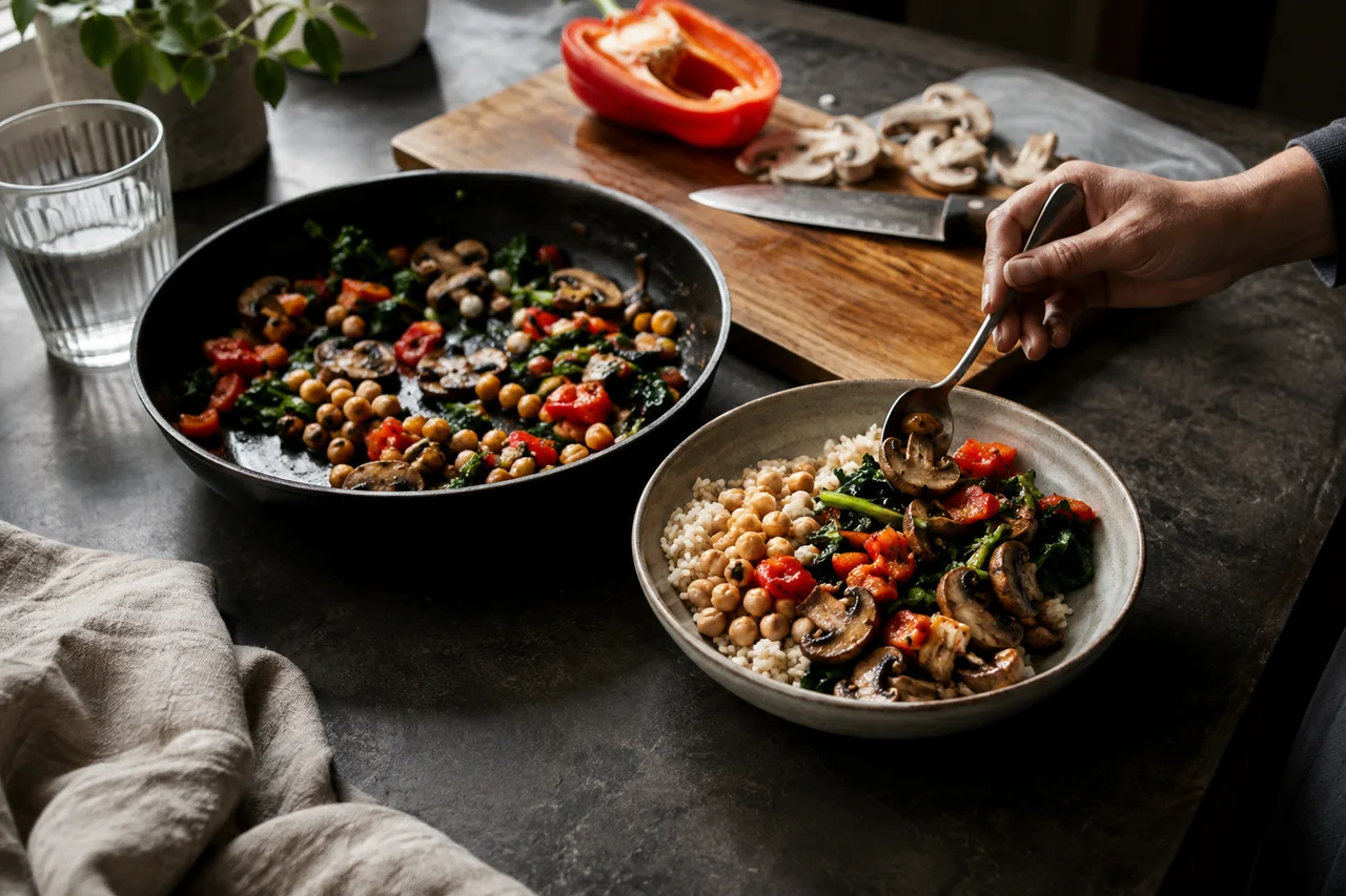 A cook spoons browned mushrooms, peppers and chickpeas onto rice beside the pan on a charcoal kitchen counter.