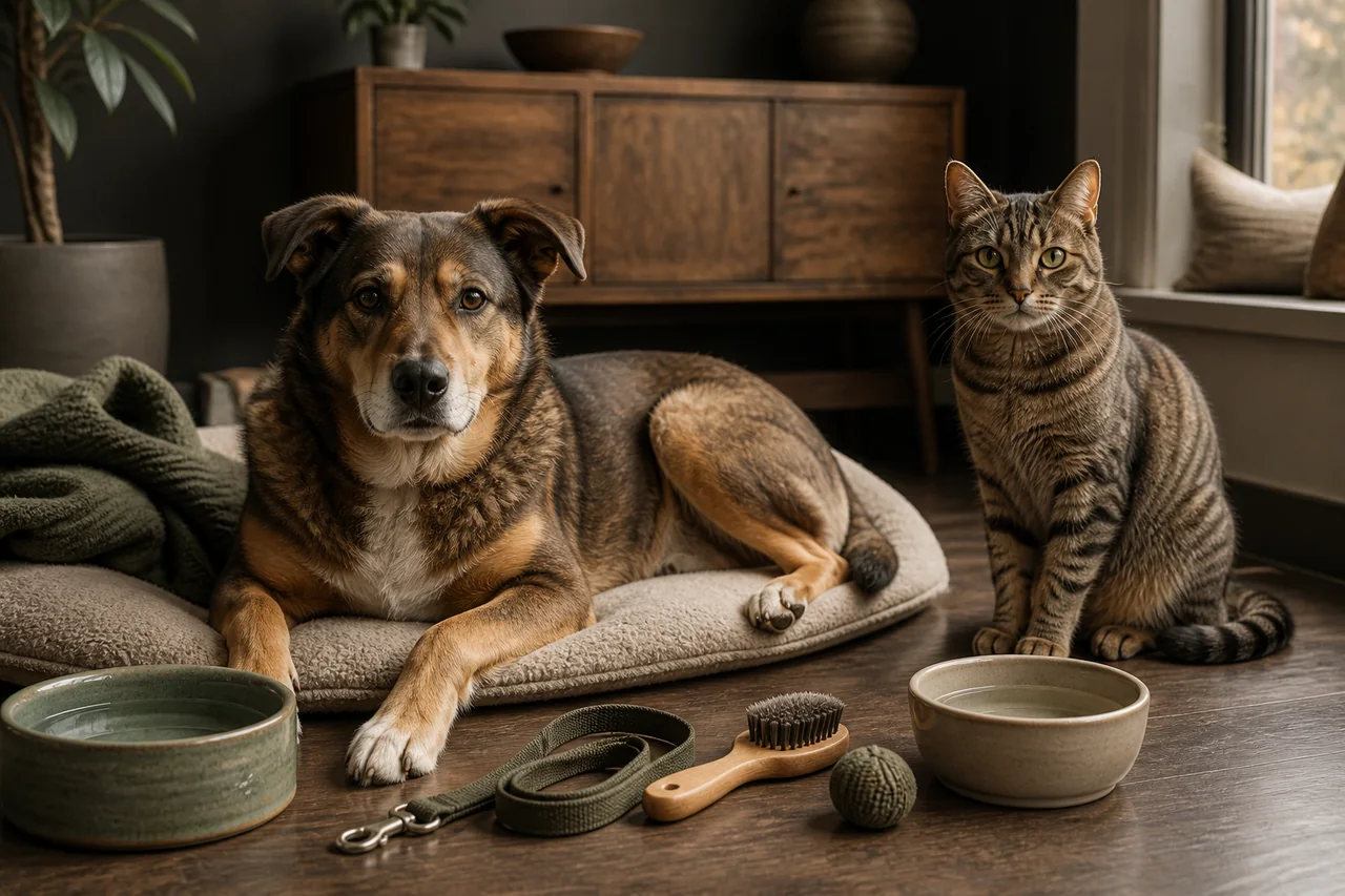 A relaxed dog and tabby cat beside separate water bowls, a lead, grooming brush and enrichment toy in a calm home.