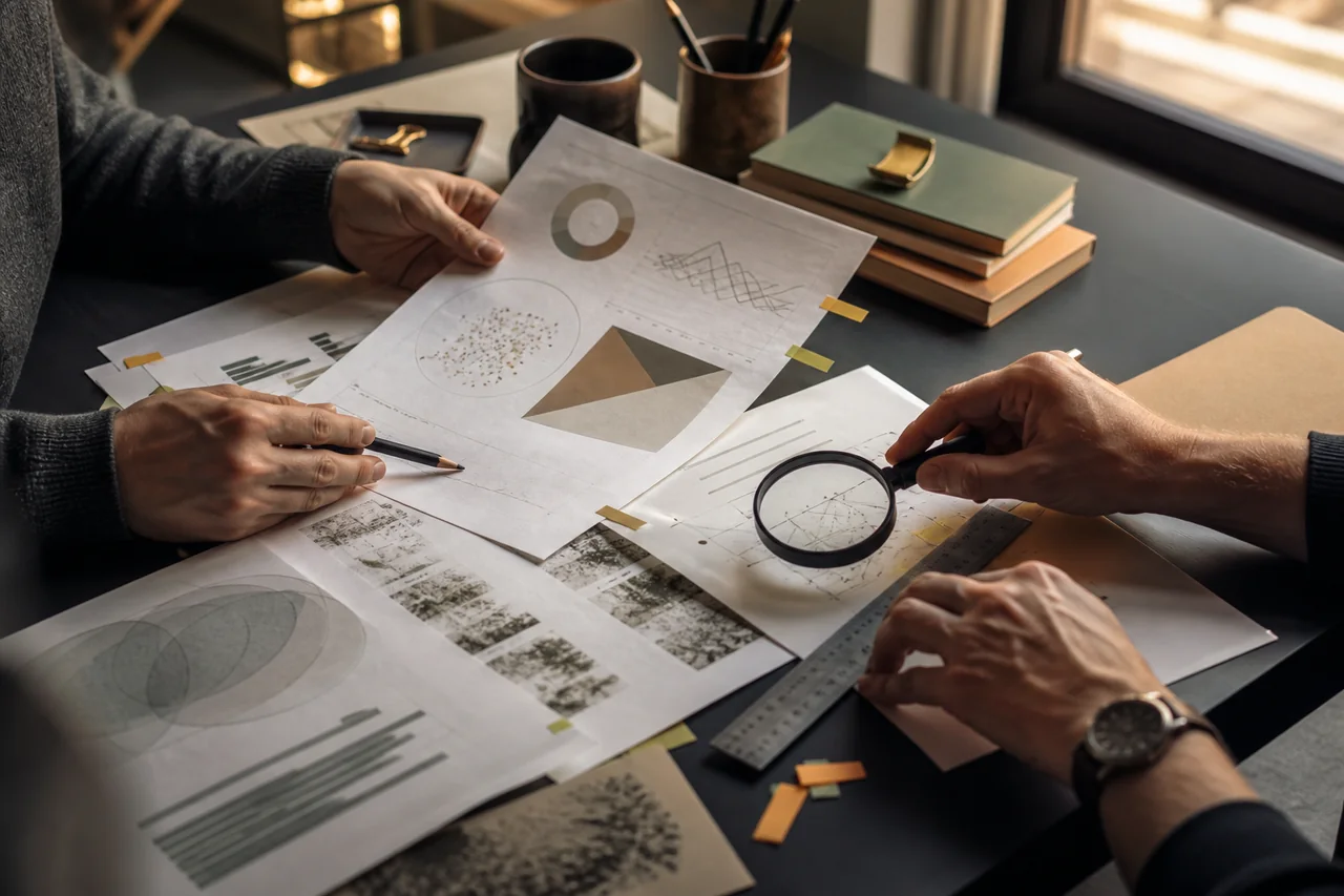 Researchers compare abstract charts and source papers with a magnifying lens, pencil and ruler on a charcoal desk.