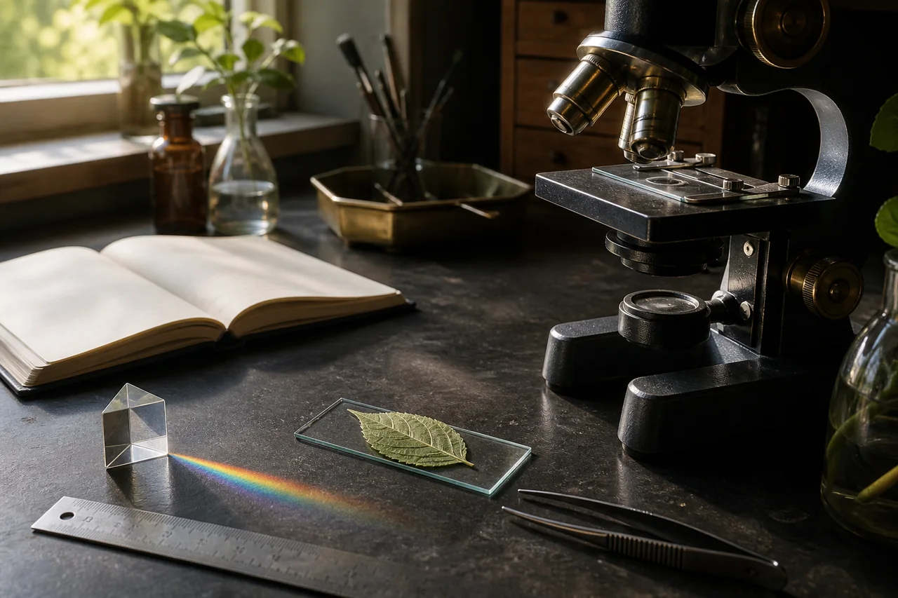 A microscope, leaf specimen, prism spectrum, ruler and blank notebook arranged for a careful observation.