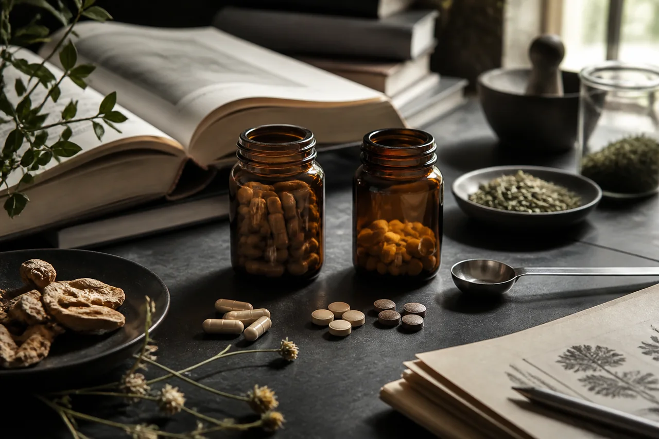 Unlabelled amber jars, separated capsule forms, botanicals, a measuring spoon and open reference books on a charcoal table.